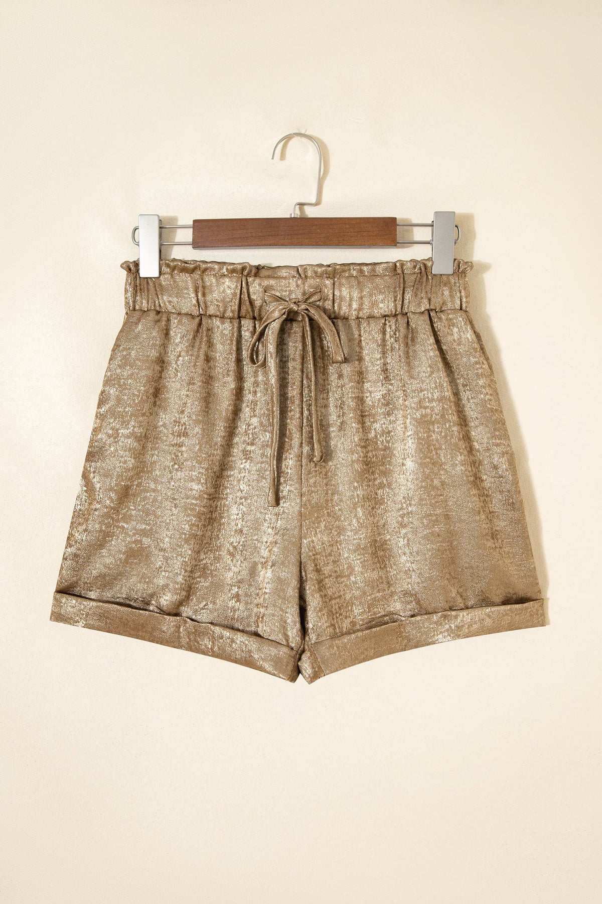 Metallic Tie Elastic Waist Cuffed Hem Shorts