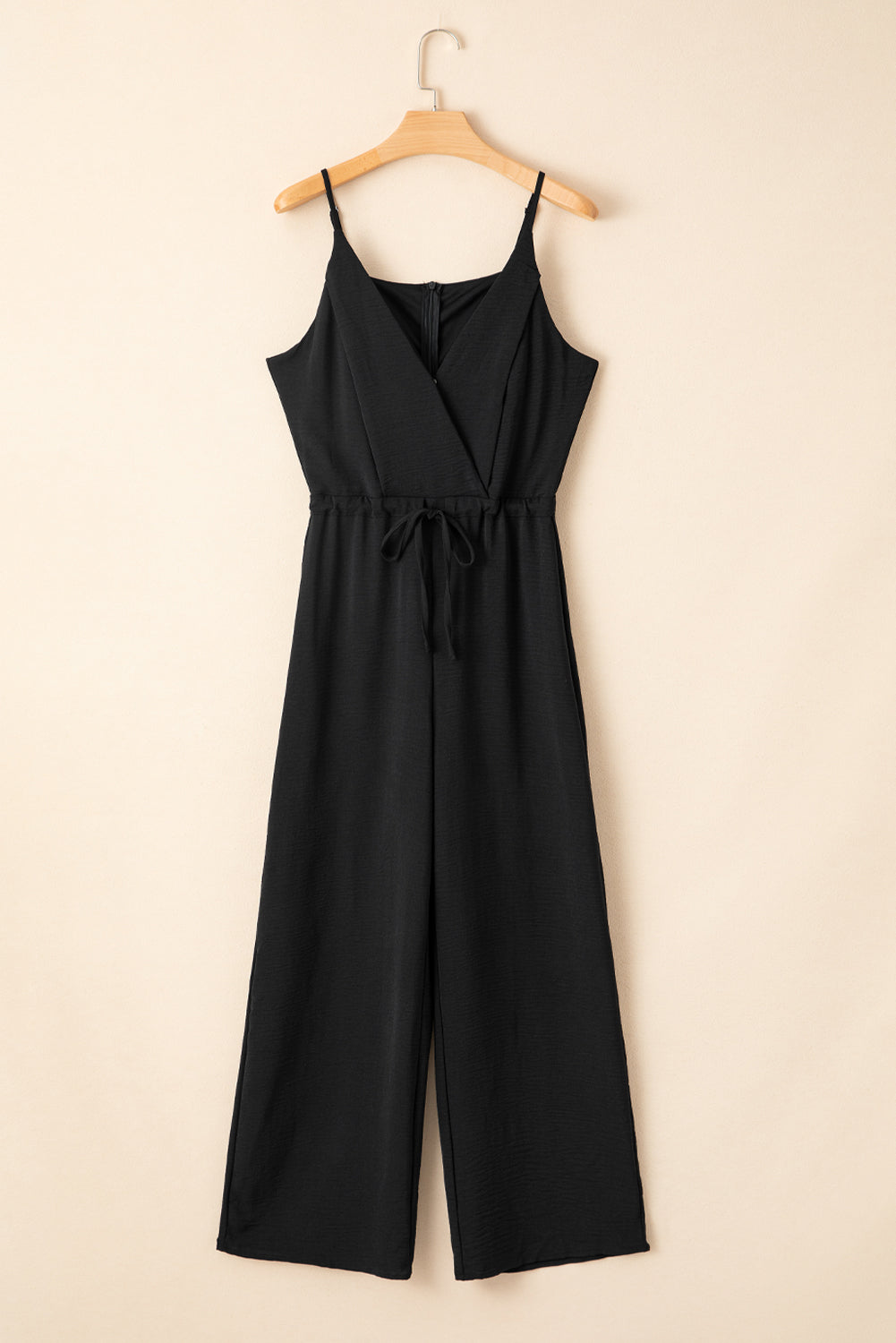 Solid Spaghetti Strap Wide Leg Drawstring Jumpsuit