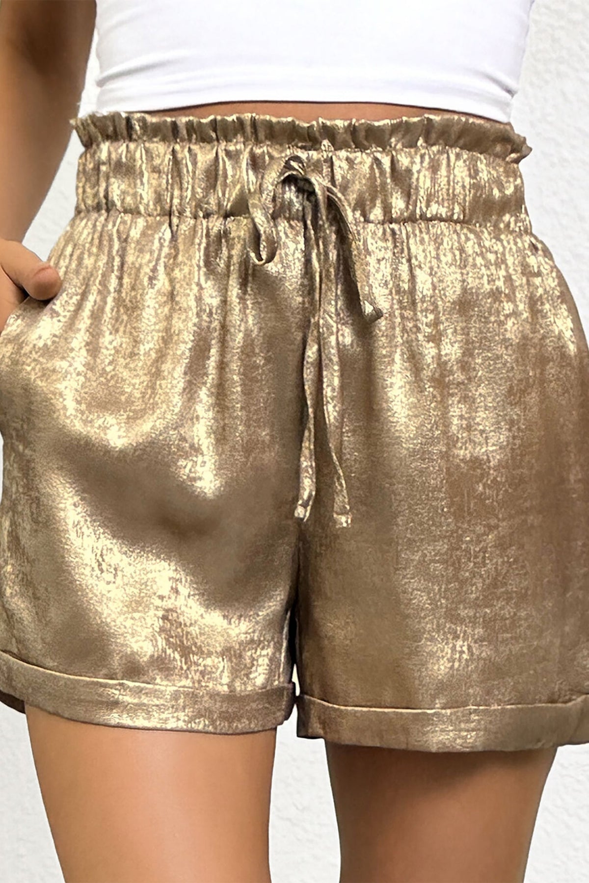 Metallic Tie Elastic Waist Cuffed Hem Shorts