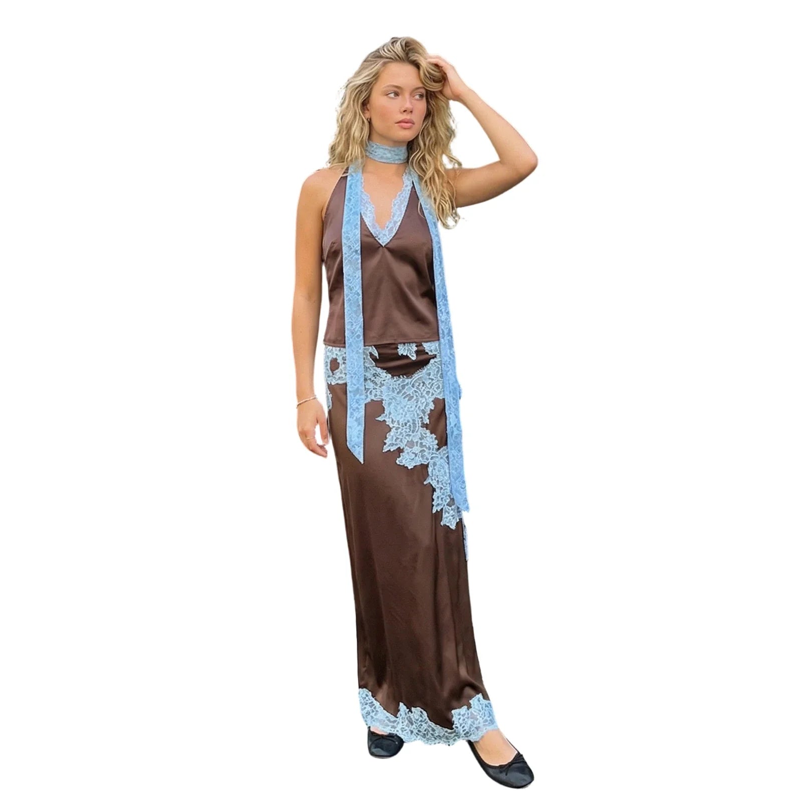 Women 2 Piece Outfits Solid Color Stylish Lace Patchwork Sleeveless Deep V Neck Satin Tops and Long Skirt Summer Suits