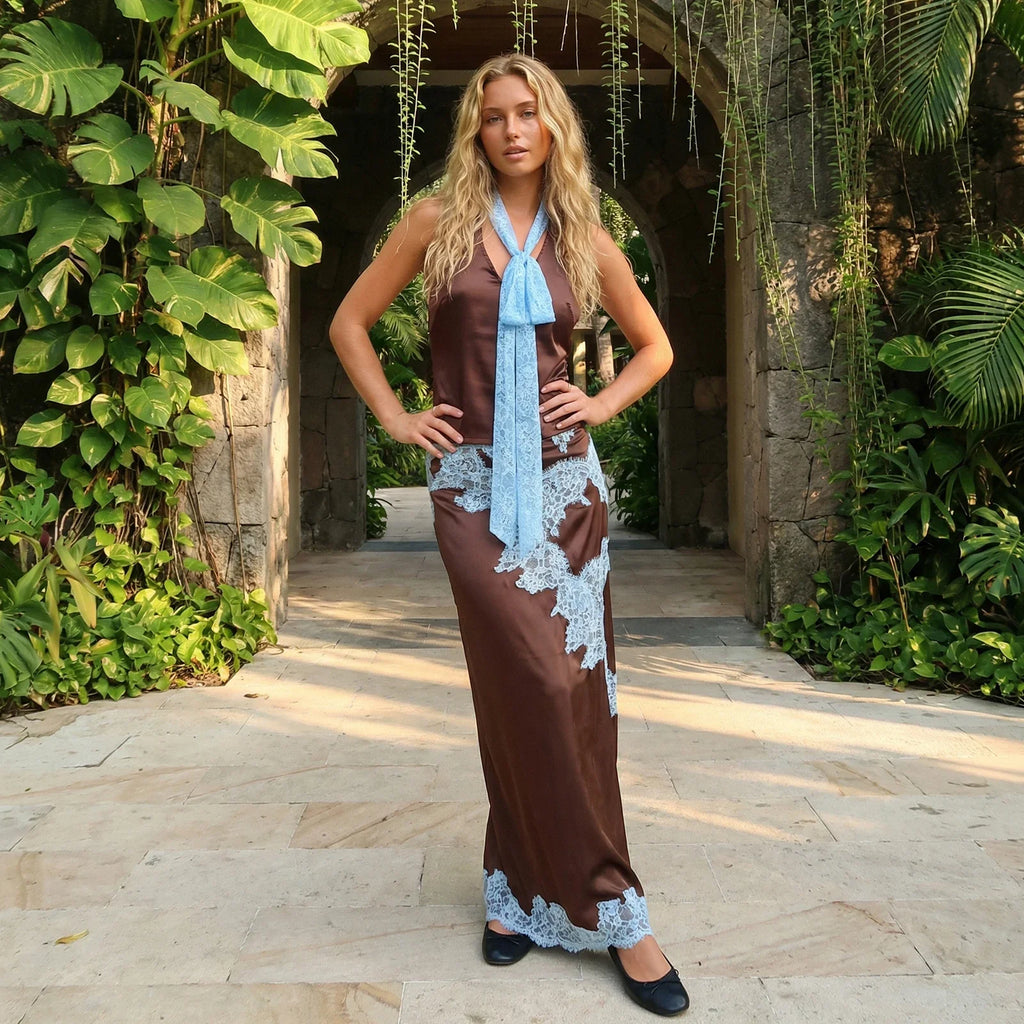 Women 2 Piece Outfits Solid Color Stylish Lace Patchwork Sleeveless Deep V Neck Satin Tops and Long Skirt Summer Suits