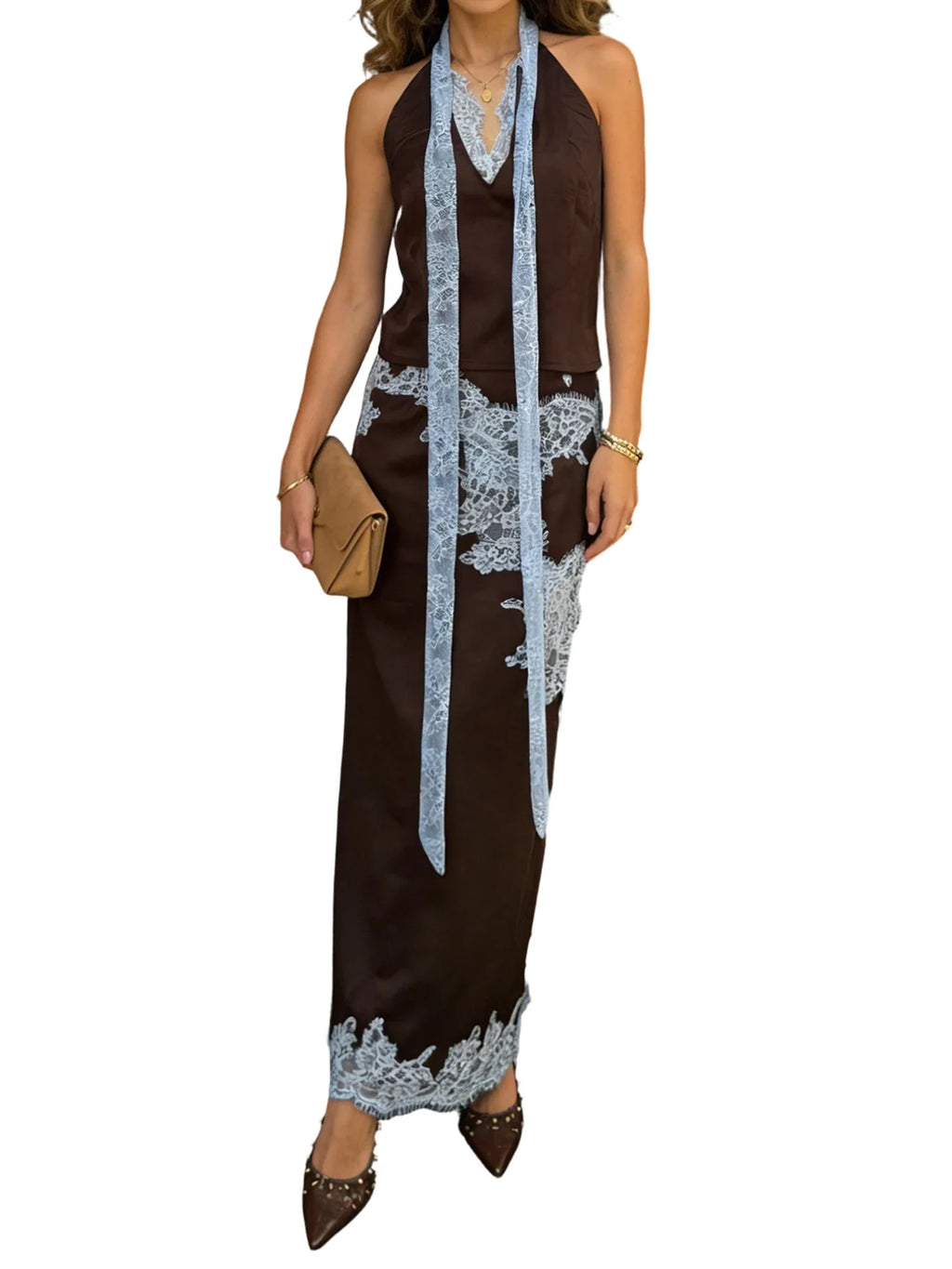 Women 2 Piece Outfits Solid Color Stylish Lace Patchwork Sleeveless Deep V Neck Satin Tops and Long Skirt Summer Suits