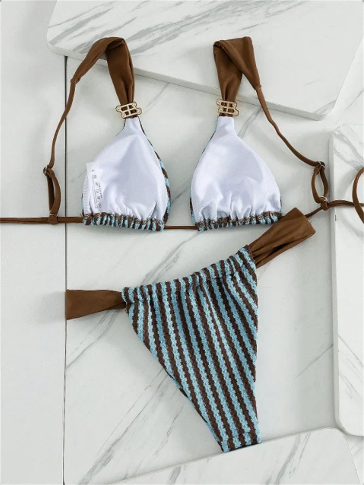 Sexy Blue Striped Micro Bikini Set 2026 Women Metal Strap Push Up Bra Pleate Thong Swimwear Summer Pool Bathing Suit Swimsuit