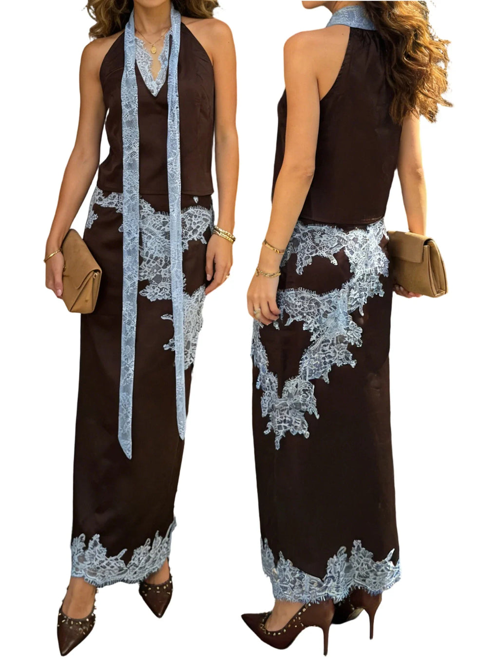 Women 2 Piece Outfits Solid Color Stylish Lace Patchwork Sleeveless Deep V Neck Satin Tops and Long Skirt Summer Suits